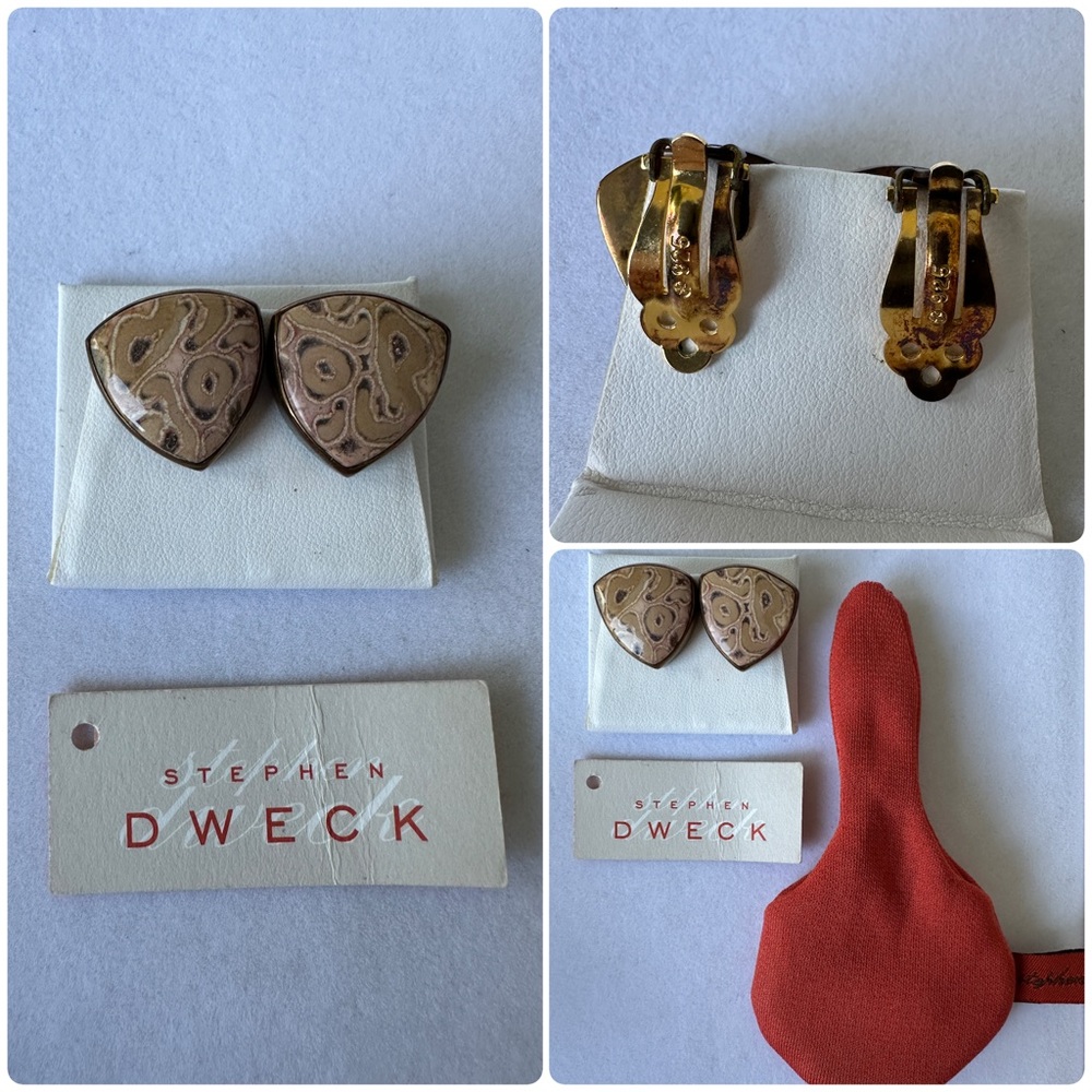 OAK Stephen Dweck Triangle Fossil Fern Bronze Simple Bezel Earring Rare Clip On